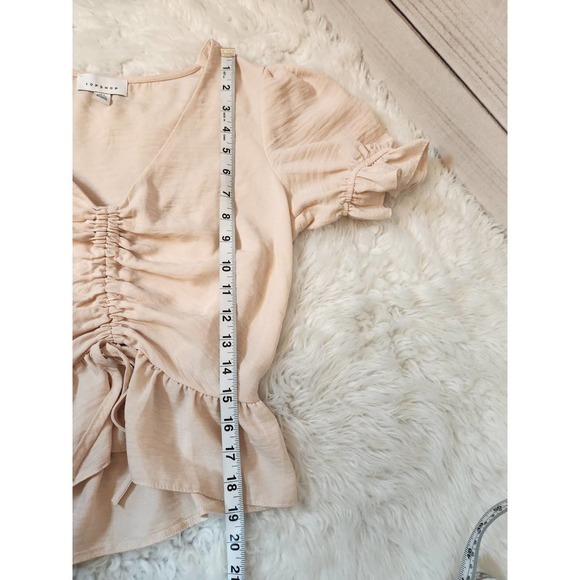 Topshop Womens Cream Solid Rushed V-Neck Short Puff Sleeve Cropped Blouse Size 2 - Picture 6 of 6